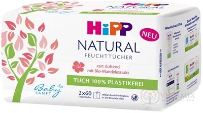 HiPP Babysanft NATURAL vlhčené ubrousky čistící, s Bio-mandlovým extraktem, 2x60 ks