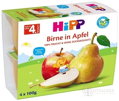 HiPP BIO 100% OVOCE Jablka s hruškami ovocný příkrm (od ukonč. 4. měsíce) 4x100 g (400 g)