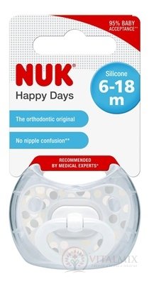 NUK DUDLÍK CLASSIC HAPPY DAYS V2-Silikon Box utišující, velikost 2 (6-18 měsíců), různé barvy, 1x1 ks