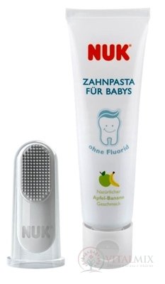 NUK DĚTSKÁ ZUBNÍ PASTA + Náprstek bez fluoridu, příchuť jablka a banánu, 40 ml + silikonový náprstek na čištění, 1x1 set