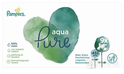 PAMPERS baby wipes PURE Aqua vlhčené ubrousky náplň 9x48 (432 ks)