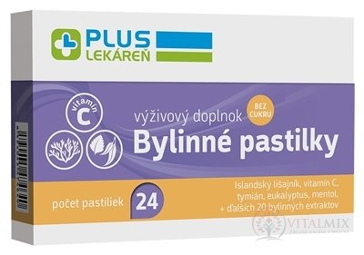 PLUS LÉKÁRNA Bylinné pastilky Bez cukru Islandský lišejník, vitamin C, 1x24 ks