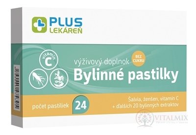 PLUS LÉKÁRNA Bylinné pastilky Bez cukru šalvěj, ženšen, vitamín C, 1x24 ks