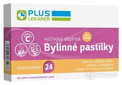 PLUS LÉKÁRNA Bylinné pastilky Bez cukru jitrocel, mateřídouška, vitamin C, 1x24 ks