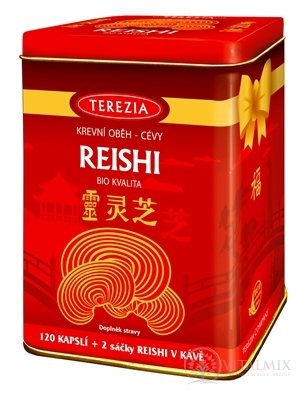 TEREZIA REISHI BIO KVALITA + dárek cps 120 + dárek (REISHI V KÁVĚ, 2 sáčky) v plechovce, 1x1 set