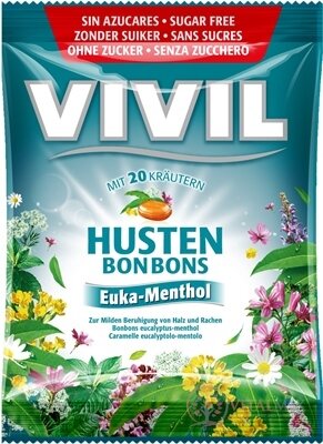 VIVIL BONBONS HUSTEN drops s eukalyptovo-mentolovou příchutí s 20 bylinami, bez cukru 1x60 g