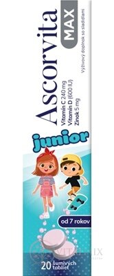 ASCORVITA MAX Junior šumivé tablety pro děti (od 7 let), vitamín C, D a zinek, 1x20 ks