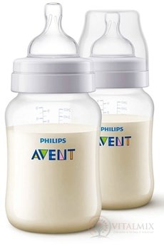 AVENT LÁHEV PP Antikolik 260 ml Duo 2 láhve poloprůhledné, antikolikový měkký dudlík pomalý průtok, 1x1 set