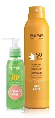 BABÉ SUN Opalovací sprej SPF 50 + Aloe vera gel transparentní sprej na mokrou pokožku s ochranným faktorem 200 ml + dárek: gel 90 ml, 1x1 set