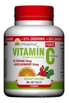 BIO Pharma Vitamin C se šipkami 1000 mg FORTE tbl (šipky 25 mg + Bioflavonoidy 34 mg) 90 + 30 (+ 33% ZDARMA) (120 ks)