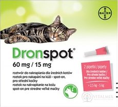 Dronspot 60 mg/15 mg spot-on (2 pipety) pro středně velké kočky (&gt;2,5 - 5 kg) 2x0,7 ml