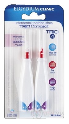 ELGYDIUM CLINIC Trio COMPACT - TRIO 4 mezizubní kartáčky v držáku (2x modré 1,9 mm + 2x červené 4-3 mm + 2x fialové 6-4 mm) 6 ks, 1x1 set