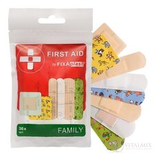 FIXAplast FIRST AID FAMILY náplast MIX stripy, různé velikosti, tvary a motivy 1x36 ks