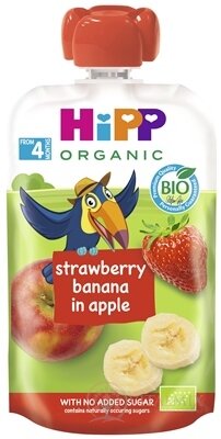 HiPP BIO 100% Ovoce Jablko Banán Jahoda kapsička (od ukonč. 4./6.měsíce) ovocný příkrm 1x100 g