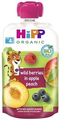 HiPP BIO 100% Ovoce Jablko Broskev Lesní ovoce kapsička (od ukonč. 4./6.měsíce) ovocný příkrm 1x100 g
