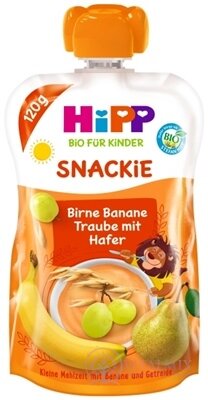 HiPP BIO KINDER Hruška Banán Bílé hrozny Oves kapsička (od 1. roku) ovocno-obilný příkrm 1x120 g