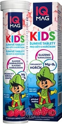 IQ MAG KIDS Organický hořčík + vitamín B6 šumivé tablety pro děti, s malinovou příchutí 1x20 ks