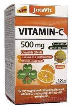 JutaVit Vitamin C 500 mg žvýkací tablety s vitamínem D3 a extraktem ze šípků, se sladidly, s příchutí pomeranče 1x100 ks