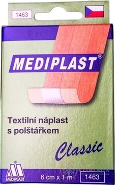 MEDIPLAST Textilní náplast 1463 Classic 6 cm x 1 m, s polštářkem, 1x1 ks