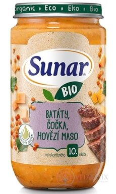 Sunar BIO příkrm BATÁTY, ČOČICE, HOVĚZÍ MASO s olivovým olejem (od ukonč. 10. měsíce) 1x235 g
