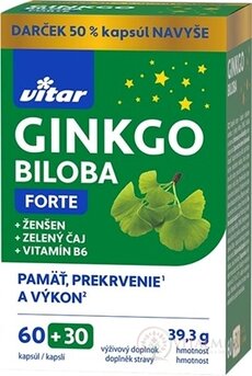 VITAR GINKGO BILOBA FORTE cps + ženšen + zelený čaj + vitamín B6 60+30 ks (50 % navíc) (90 ks)
