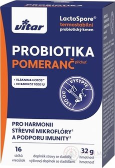 VITAR PROBIOTIKA + vláknina + vitamíny C a D3 prášek v sáčcích, pomerančová příchuť 1x16 ks