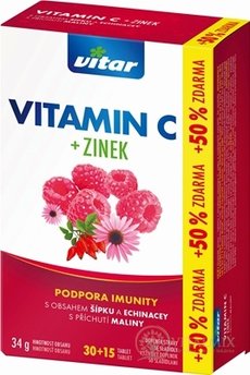 VITAR VITAMIN C + ZINEK, ECHINACEA A ŠIPKA tbl oro 30 + 15 (+50% zdarma), příchuť malina (45 ks)