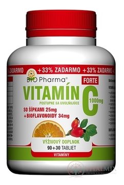 BIO Pharma Vitamin C se šipkami 1000 mg FORTE tbl (šipky 25 mg + Bioflavonoidy 34 mg) 90 + 30 (+ 33% ZDARMA) (120 ks)